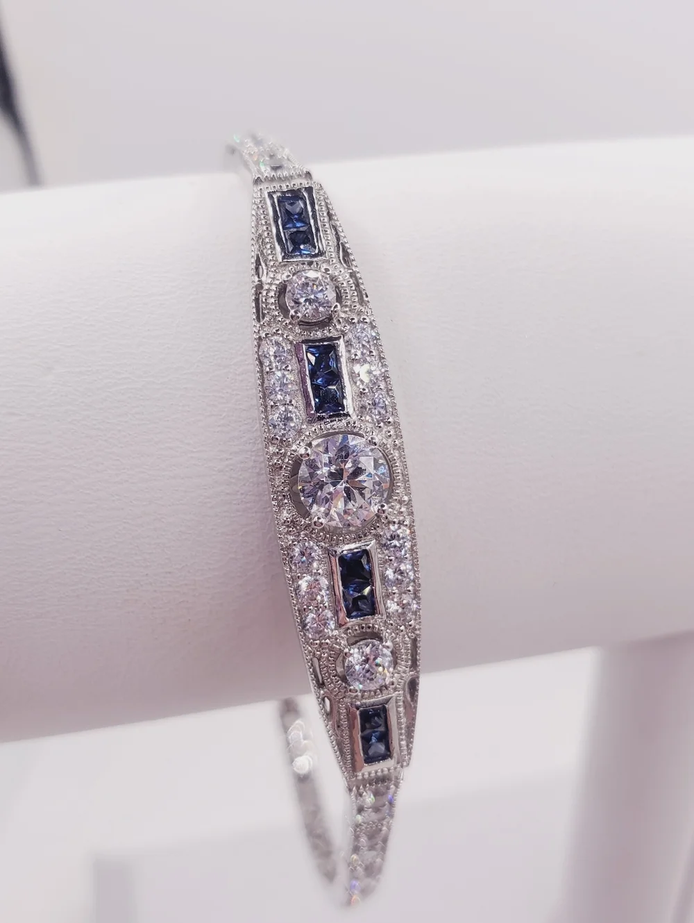 925 Sterling Silver Sapphire Blue CZ & Diamond Simulant Bracelet